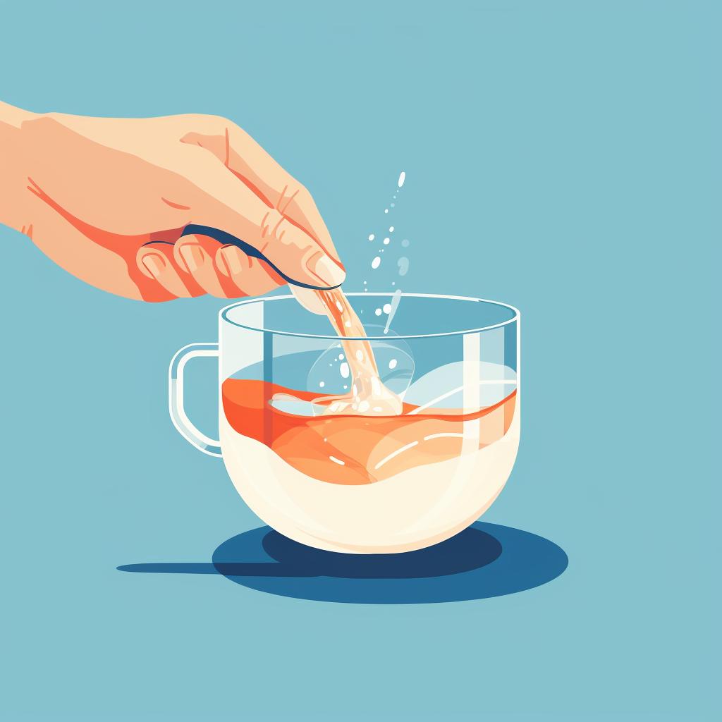 A hand stirring a clear mixture in a cup.