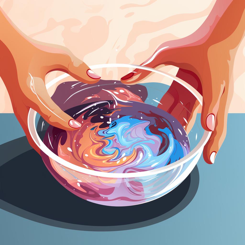 Hands mixing epoxy resin and hardener in a bowl