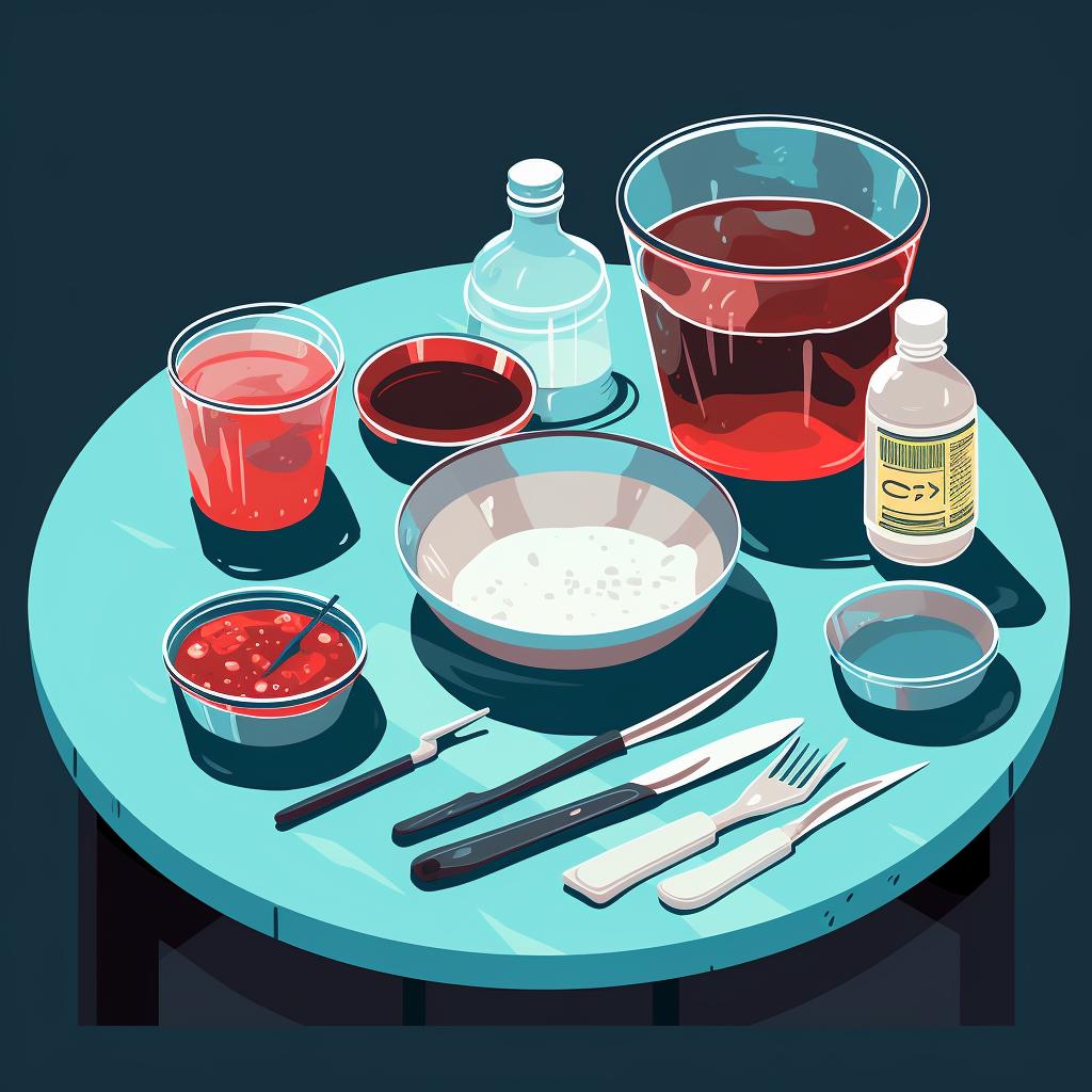 A table with resin, hardener, mixing cups, stir sticks, gloves, and a silicone mold.