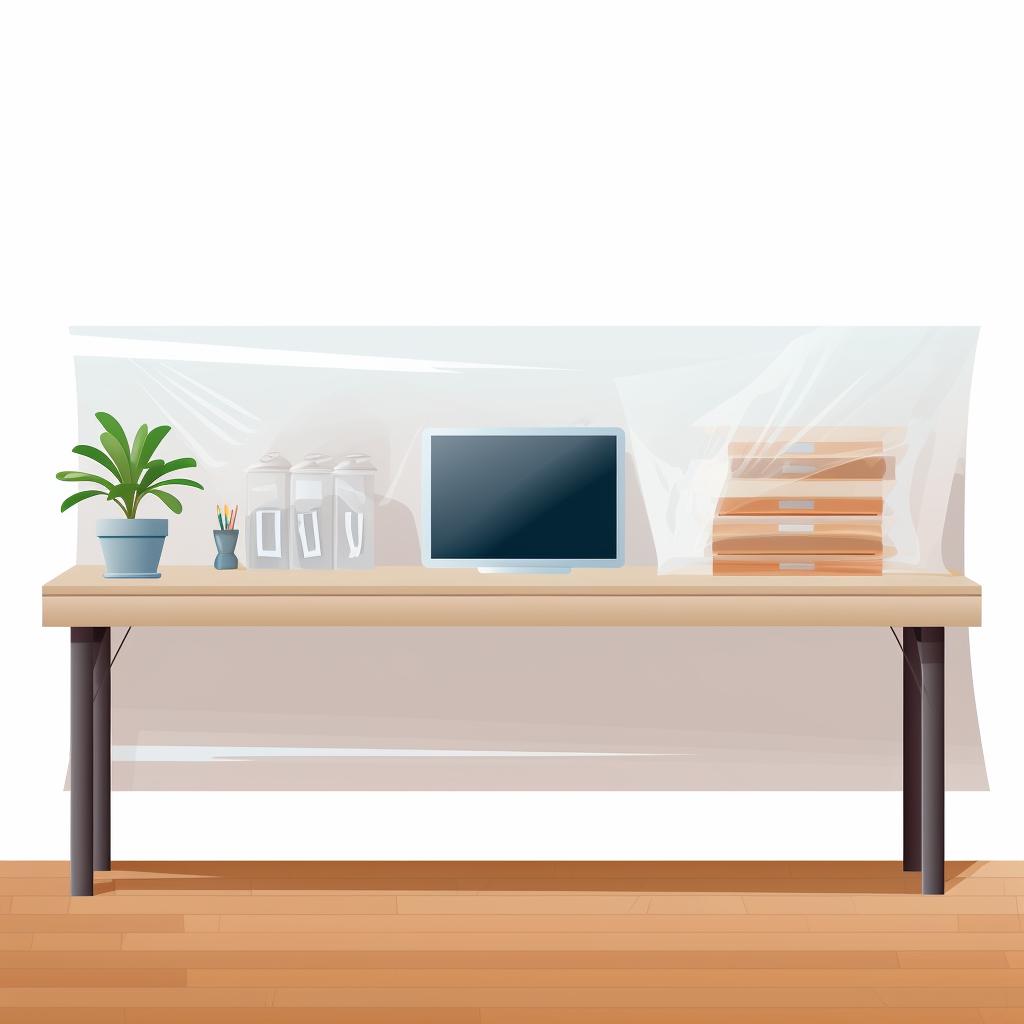 A clean and organized workspace covered with a plastic sheet.