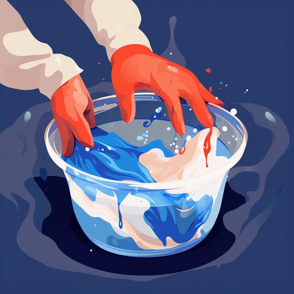Hands wearing gloves mixing resin and hardener in a mixing cup.