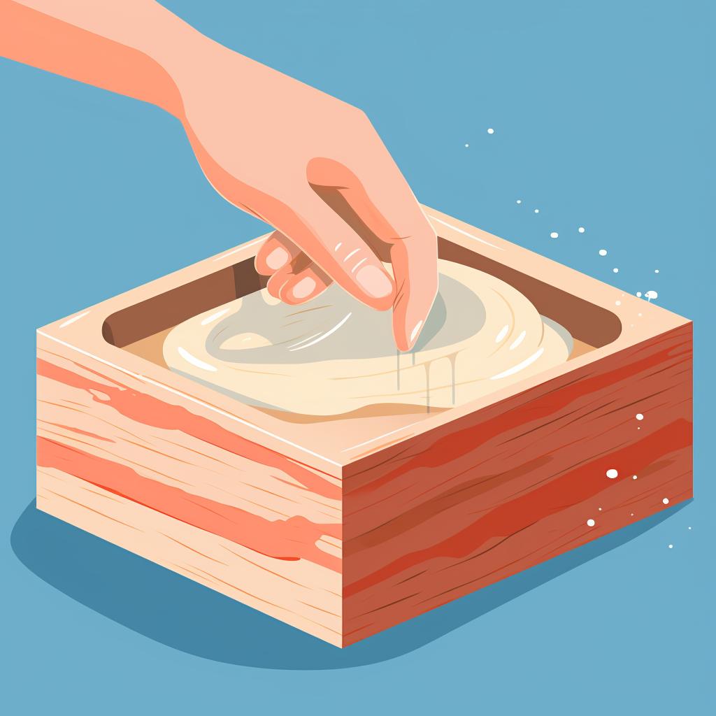 A hand removing a cured silicone mold from a wooden box