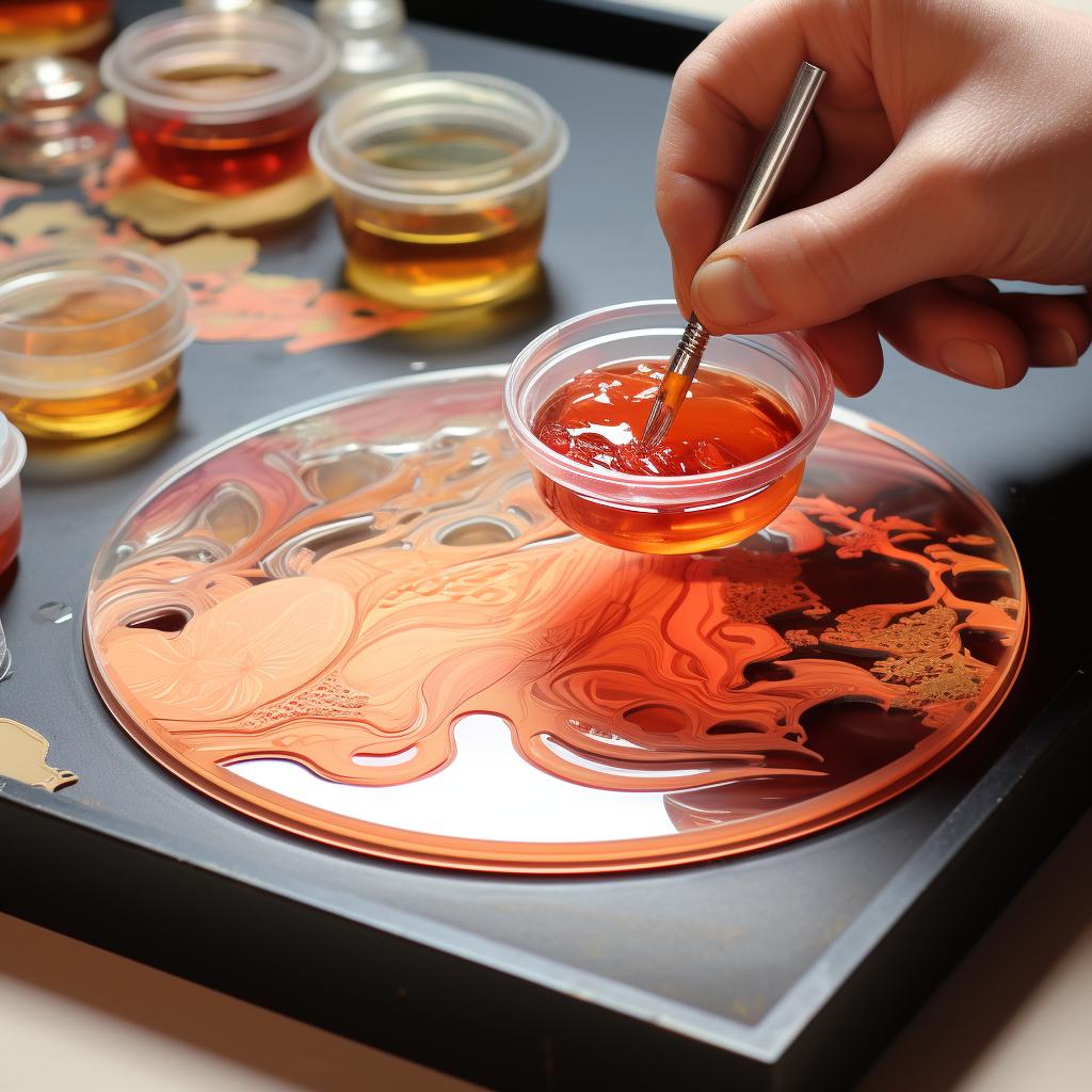 A glossy varnish being applied to a cured resin art piece