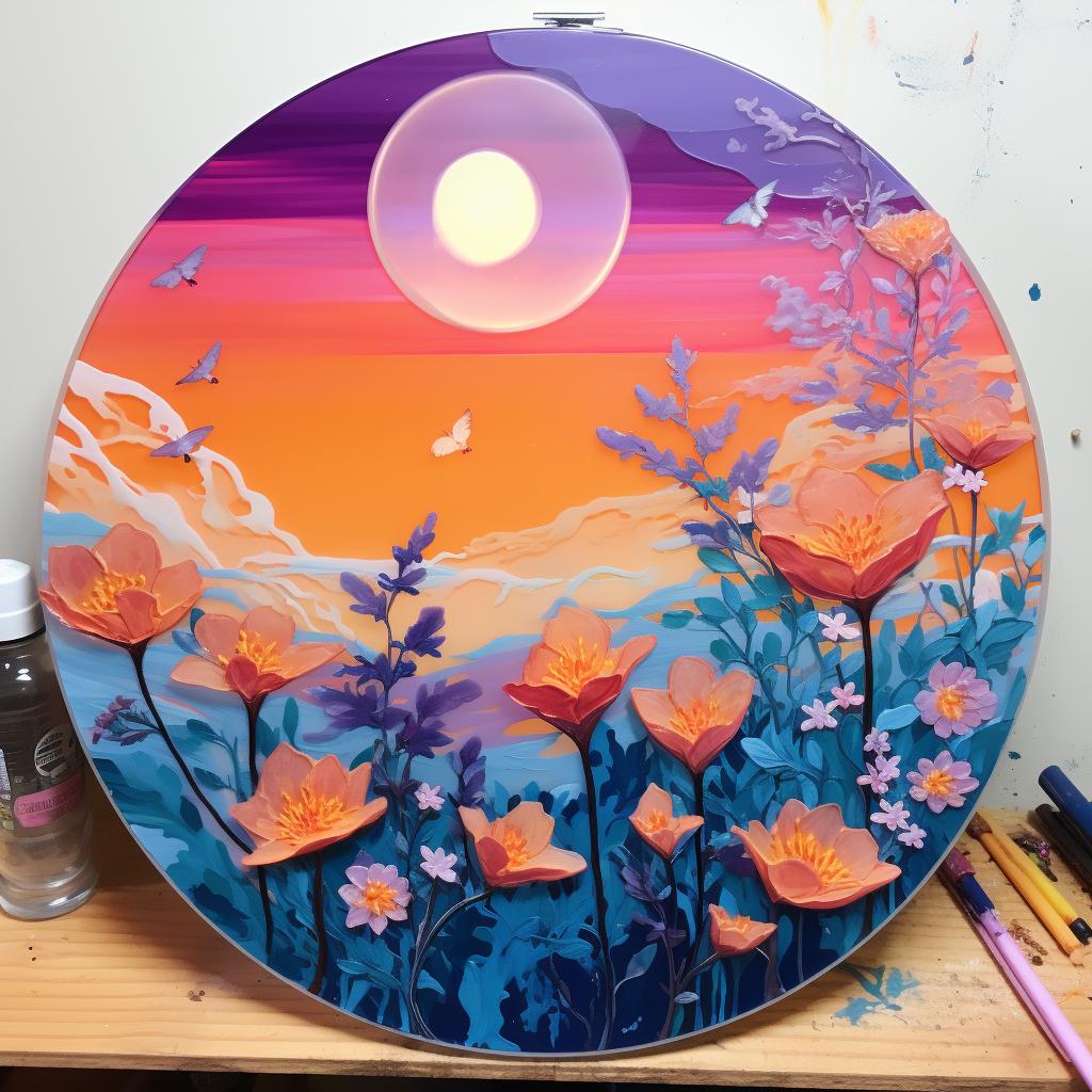 A resin artwork left to dry on a flat surface