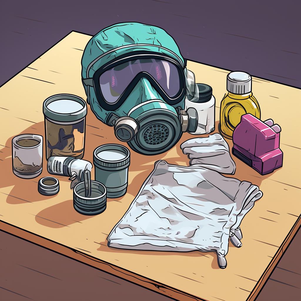 A table with resin, hardener, mixing cup, stir stick, pigments, mold, gloves, and a respirator mask.