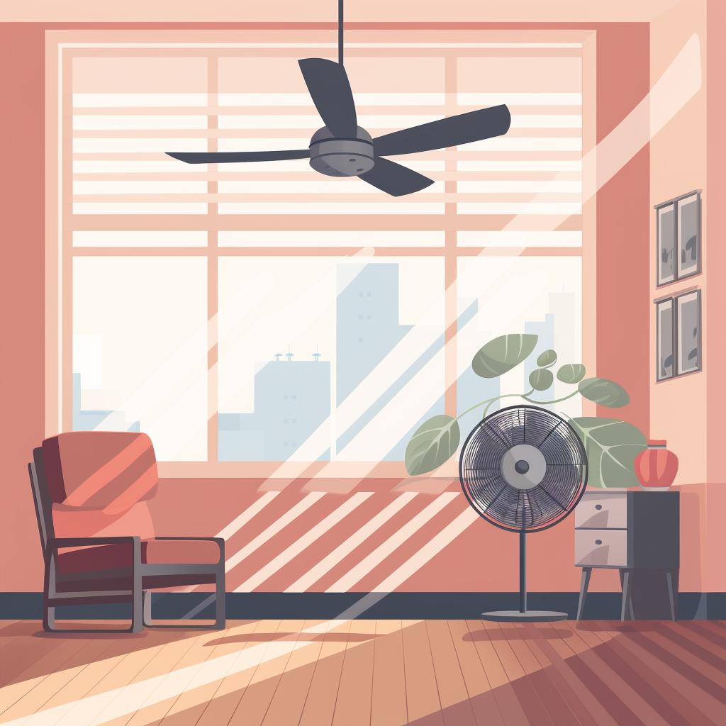 A well-ventilated room with open windows and a fan