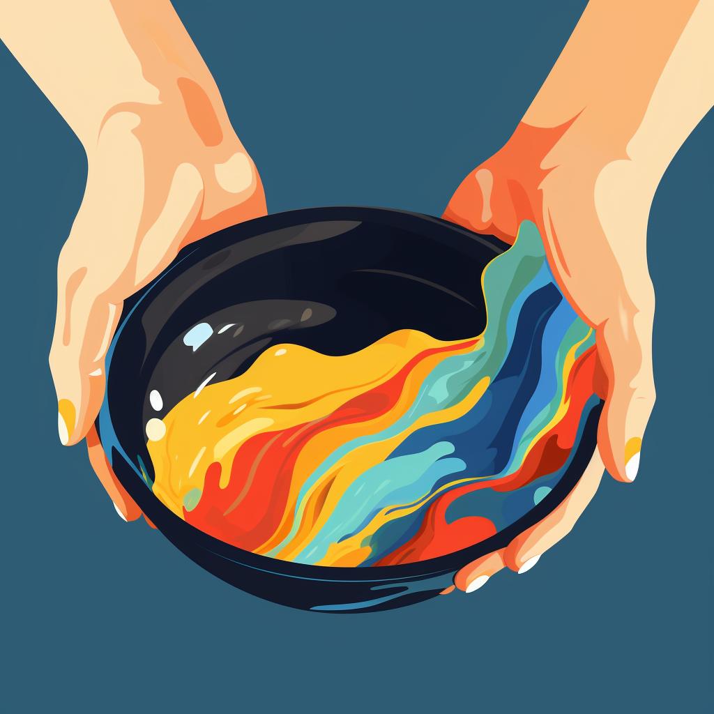 Hands mixing resin and hardener in a bowl