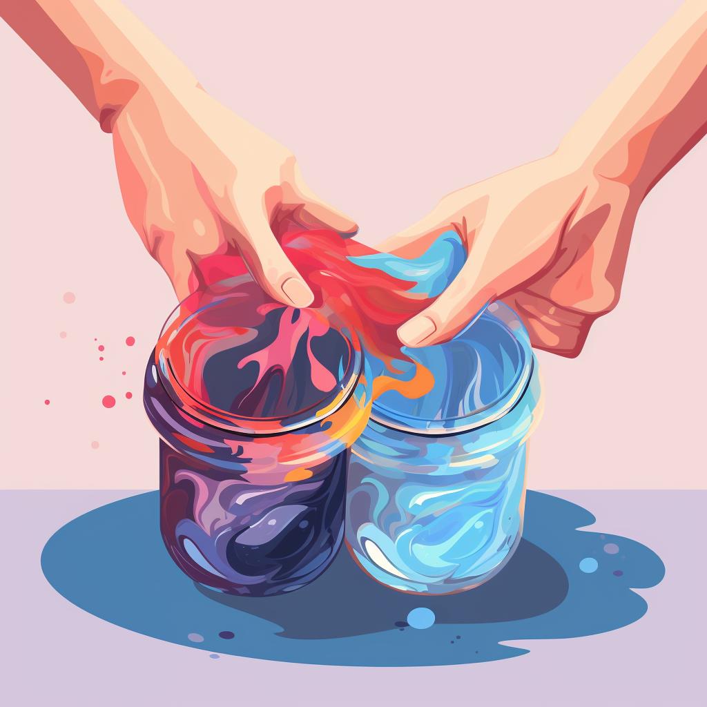 Hands mixing colored resin in a container.