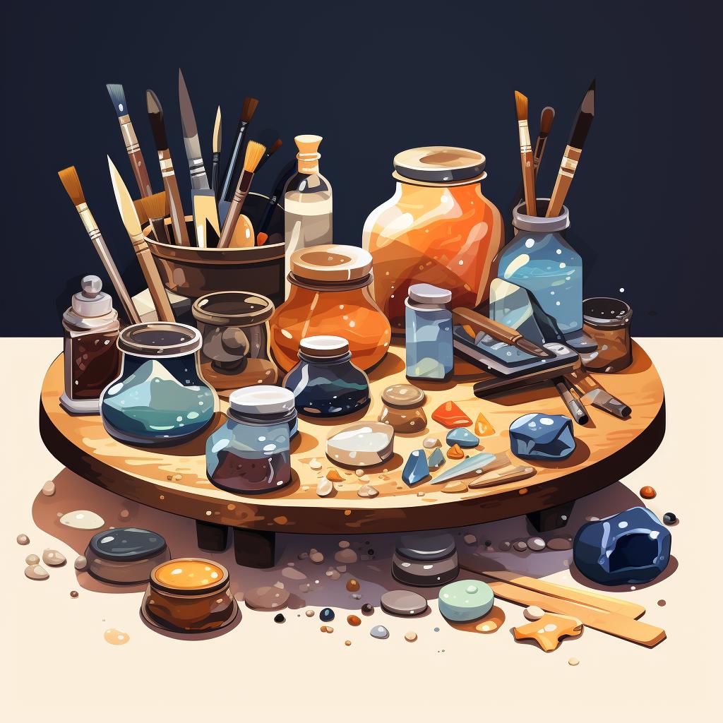 A table filled with various resin art materials