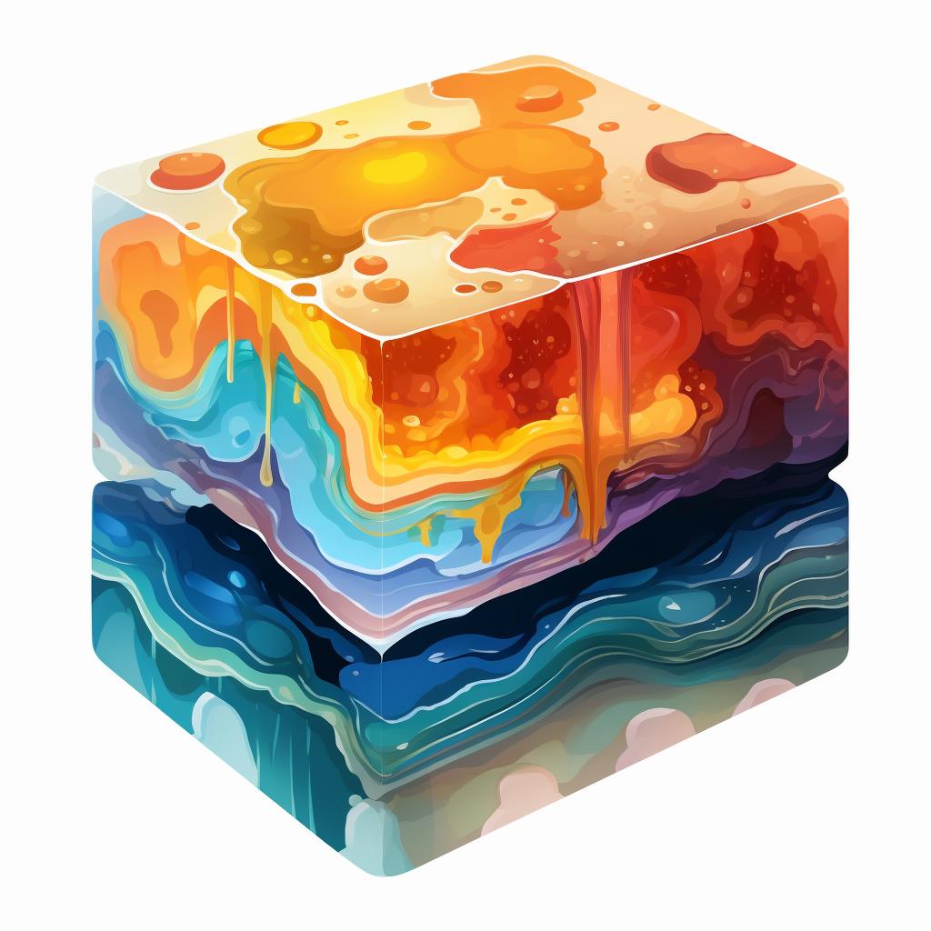 Multiple layers of different colored resin in a mold.